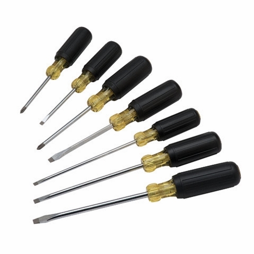 Screwdriver Set, Cushioned Rubber Grip Handle, Chrome Vanadium Steel Blade, 7 Pieces, Includes: 35-193 - #1 X 3 IN Long Shank Phillips, 35-150 - 1/4 IN Diameter X 4 IN Long Shank Heavy-Duty Electrician's Cabinet, 35-194 - #2 X 4 IN Long Shank Phillips, 35-154 - 1/4 IN Square X 4 IN Long Shank Heavy-Duty Slotted Keystone, 35-183 - 3/16 IN Diameter X 3 IN Long Shank Electrician's Cabinet, 35-156 - 5/16 IN Square X 6 IN Long Shank Heavy-Duty Slotted Keystone, 35-186 - 3/16 IN Diameter X 6 IN Long Shank Electrician's Cabinet