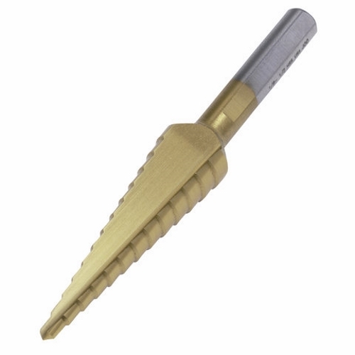 Step Drill Bit, Number Of Drill Stages: 13, Minimum Drill Diameter: 1/8 IN, Maximum Drill Diameter: 1/2 IN, Step Increments: 1/32 IN, Step 1/8 IN Thickness, 1/4 IN Shank, 1 IN Shank, Titanium Nitride Finish