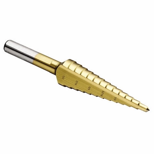 Step Drill Bit, Number Of Drill Stages: 9, Minimum Drill Diameter: 1/4 IN, Maximum Drill Diameter: 3/4 IN, Step Increments: 1/16 IN, Step 1/8 IN Thickness, 3/8 IN Shank, 1 IN Shank, Titanium Nitride Finish