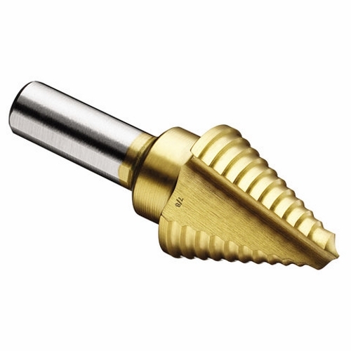 Step Drill Bit, Number Of Drill Stages: 11, Minimum Drill Diameter: 1/4 IN, Maximum Drill Diameter: 7/8 IN, Step Increments: 1/16 IN, Step Thickness: 1/16 IN, 3/8 IN Shank, 1 IN Shank, Titanium Nitride Finish