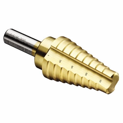 Step Drill Bit, Number Of Drill Stages: 8, Minimum Drill Diameter: 1/2 IN, Maximum Drill Diameter: 1 IN, Step Increments: 1/16 IN, Step 1/8 IN Thickness, 3/8 IN Shank, 1 IN Shank, Titanium Nitride Finish
