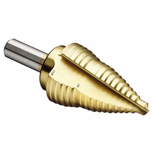 Step Drill Bit, Number Of Drill Stages: 16, Minimum Drill Diameter: 1/4 IN, Maximum Drill Diameter: 1-1/8 IN, Step Increments: 1/16 IN, Step Thickness: 1/16 IN, 3/8 IN Shank, 1 IN Shank, Titanium Nitride Finish