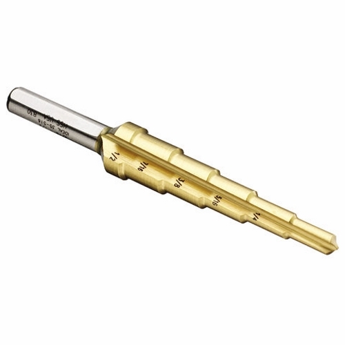 Step Drill Bit, Number Of Drill Stages: 6, Minimum Drill Diameter: 3/16 IN, Maximum Drill Diameter: 1/2 IN, Step Increments: 1/16 IN, Step 3/8 IN Thickness, 1/4 IN Shank, 1 IN Shank, Titanium Nitride Finish