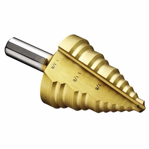 Step Drill Bit, Number Of Drill Stages: 10, Minimum Drill Diameter: 1/4 IN, Maximum Drill Diameter: 1-3/8 IN, Step Increments: 1/32 IN, Step Thickness: 1/16 To 1/4 IN, 3/8 IN Shank, 1 IN Shank, Titanium Nitride Finish