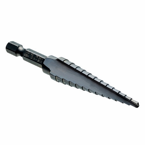 Quick Change Step Drill Bit, Number Of Drill Stages: 13, Minimum Drill Diameter: 1/8 IN, Maximum Drill Diameter: 1/2 IN, Step Increments: 1/16 IN, Step 1/8 IN Thickness, 1/4 IN Shank, High Speed Tool Steel