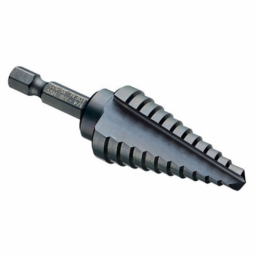 Quick Change Step Drill Bit, Number Of Drill Stages: 11, Minimum Drill Diameter: 1/4 IN, Maximum Drill Diameter: 7/8 IN, Step Increments: 1/16 IN, Step Thickness: 1/16 IN, 1/4 IN Shank, High Speed Tool Steel