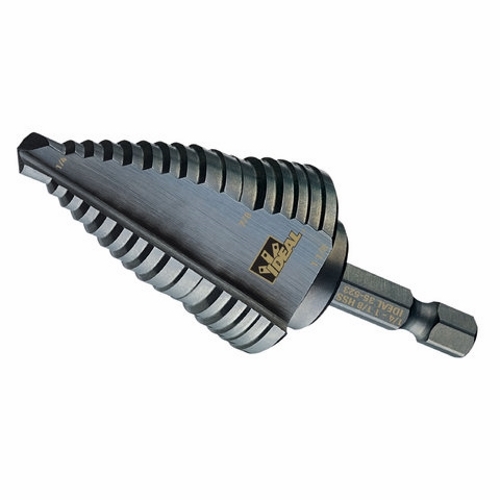 Quick Change Step Drill Bit, Number Of Drill Stages: 16, Minimum Drill Diameter: 1/4 IN, Maximum Drill Diameter: 1-1/8 IN, Step Increments: 1/16 IN, Step Thickness: 1/16 IN, 1/4 IN Shank, High Speed Tool Steel