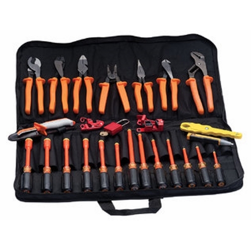 IDEAL, Insulated Kit, Journeyman, Consist Of 1: (1) 30-9430 9-1/4 IN Insulated Side Cutting Linesman Pliers, Consist Of 4: (1) 35-9430 10 IN Insulated Tongue & Groove Pliers, Consist Of 2: (1) 35-9029 8 IN Insulated Diagonal Cutting Pliers with Angled Head, Consist Of 3: (1) 35-9038 8-1/2 IN Long-Nose Pliers, Consist Of 5: (1) 35-9052 9.5 IN Insulated High-Leverage Cable Cutter, Includes: (1) 30-9429 9-3/4 IN Insulated Multi-Crimp Tool, (1) 45-9120 Insulated Premium T-Stripper, (1) 35-9340 Insulated Electrician's Skinning Knife, (1) 61-063 Volt Sensor Pocket Tester, (1) 34-002 Safe-T-Grip Fuse Puller, (1) 35-9352 Tool Roll Case for 25-Piece Journeyman Insulated Kit, (1) 44-956 Circuit Breaker Lockout, Tall and Wide Toggles, (1) 44-957 Circuit Breaker Lockout, Standard Toggles, (1) 44-916 Safety Lockout Padlock, Red, 1-1/2 IN Shackle Clearance, 1/4 IN Shackle,(Card of 1), (1) 35-9290 Insulated Nutdriver 3/16 IN X 5 IN, (1) 35-9291 Insulated Nutdriver 1/4 IN X 5 IN, (1) 35-9292 Insulated Nutdriver 5/16 IN X 5 IN, (1) 35-9294 Insulated Nutdriver 3/8 IN X 5 IN, (1) 35-9295 Insulated Nutdriver 7/16 IN X 5 IN, (1) 35-9296 Insulated Nutdriver 1/2 IN X 5 IN, (1) 35-9150 Insulated Screwdriver 1/4 IN X 4 IN Slotted, (1) 35-9151 Insulated Screwdriver 1/4 IN X 4 IN Slotted, (1) 35-9166 Insulated Screwdriver 5/16 IN X 7 IN Slotted, (1) 35-9168 Insulated Screwdriver 3/8 IN X 8 IN Slotted, (1) 35-9193 Insulated Screwdriver #1 X 3-3/16 IN Phillips, (1) 35-9194 Insulated, Screwdriver #2 X 4 IN Phillips, (1) 35-9196 Insulated Screwdriver #3 X 6 IN Phillips 1