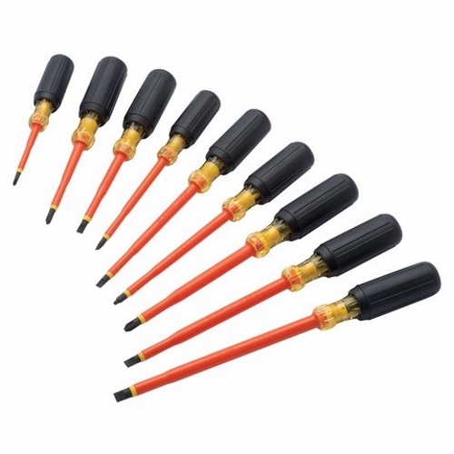 Insulated Screwdriver Kit, 9 Pieces, Includes: 35-9193 - #1 X 3-3/16 IN Insulated Phillips, 35-9194 - #2 X 4 IN Insulated Phillips, 35-9196 - #3 X 6 IN Insulated Phillips, 35-9690 - SQ #0 X 1/4 IN X 4 IN Insulated Square, 35-9150 - 1/4 IN X 4 IN Insulated Slotted, 35-9147 - 7/32 IN X 5 IN Insulated Slotted, 35-9151 - 1/4 IN X 6 IN Insulated Slotted, 35-9166 - 5/16 IN X 7 IN Insulated Slotted, 35-9168 - 3/8 IN X 8 IN Insulated Slotted
