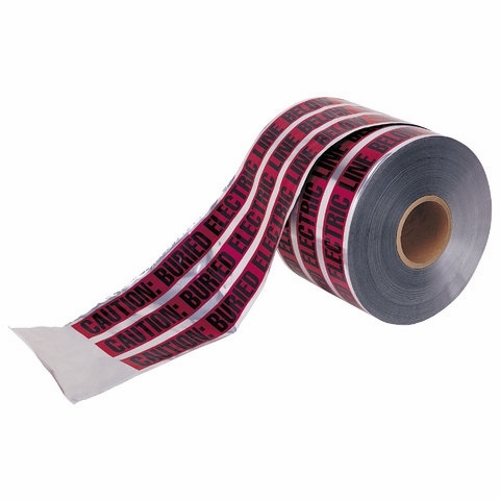 Detectable Underground Tape, 3 IN Roll Width, 1000 FT Roll Length, Caution Buried Electric Line Below Legend, Solid Aluminum Foil Core, Red, Thickness: 5 MIL, Elongation: 80 PCT ASTM D882-75B, Composition: IDEAL Specs: Bottom Layer PE, Top Layer PET, Foil Industry Standard, Tensile Strength: 35 LB/IN (15000 PSI) ASTM D882, For Protection, Location And Identification Of Underground Utility Installations