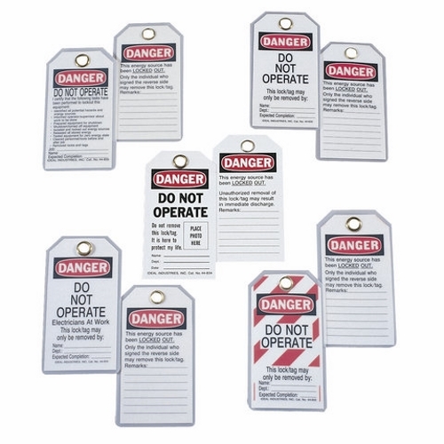 Heavy-Duty Laminated Lockout Tag, Plastic, Red Striped Background, Do Not Operate - (Red Striped Background) Legend, Grommet: 7/8 IN, Package: 5/Card, Exceeds OSHA 50 LB Pullout Requirement