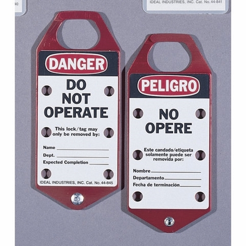 Laminated Bilingual Lockout Tag, Plastic, Do Not Operate (Striped) Legend, Grommet: 7/8 IN, Package: 5/Card, Exceeds OSHA 50 LB Pullout Requirement