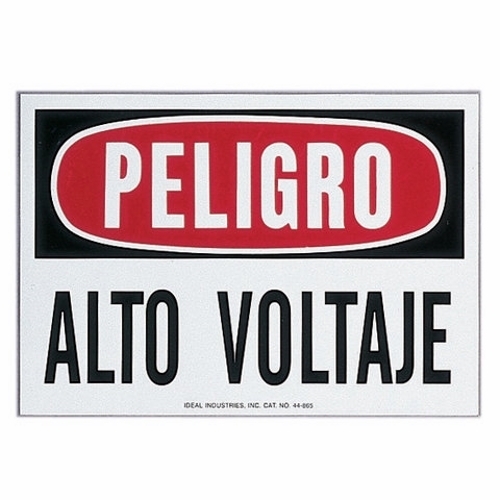 Self-Sticking Safety Sign, Polyester, 10 IN Length, 7 IN Width, Danger – High Voltage – Spanish Legend, For Indoor And Outdoor Use