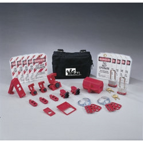 IDEAL, Lockout Or Tagout Kit, Standard, Material: Nylon Zipper, Number Of Pieces: 25, Includes: (3) 44-810 Hinged Single-Pole Breaker Lockouts, (2) 44-809 Universal 277V Breaker Lockouts/Single Pole, (1) 44-807 480/600V Breaker Lockout, (1) 44-789 Wall Switch Lockout, (1) 44-818 110V Small Plug Lockout, (2) 44-907 2 in. Shackle Red Padlocks, (2) 44-800 1 in. Safety Lockout Hasps, (5) 44-848 Lockout Tags Do Not Operate, (5) 44-849 Lockout Tags Do Not Operate (striped), (1) 44-785 Cleat for 277V Breaker Lockout, (1) 44-786 Cleat for 480/600V Breaker Lockout, (2) 44-783 Universal Multi-Pole Breaker Lockouts,(1) IA-3240 Zipper Pouch