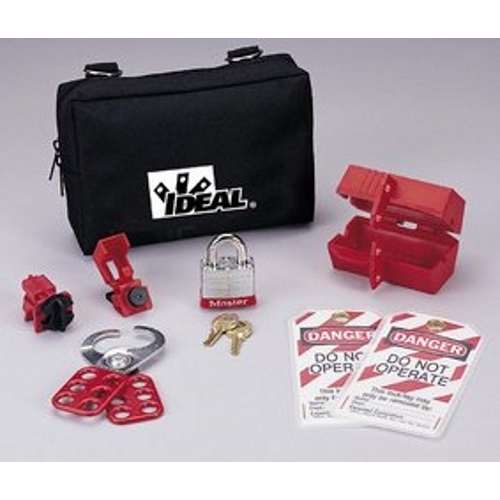 IDEAL, Lockout Or Tagout Kit, Starter, Material: Nylon Zipper, Number Of Pieces: 8, Includes: (1) 44-809 Universal 277V Breaker/Single-Pole Lockout, (1) 44-783 Universal Multi-Pole Lockout, (1) 44-906 3/4 in. Shackle Red Padlock, (1) 44-800 1 in. Safety Lockout Hasp, (2) 44-849 Lockout Tags Do Not Operate (striped), (1) 44-818 110V Plug Lockout, (1) IA-3240 Zipper Pouch