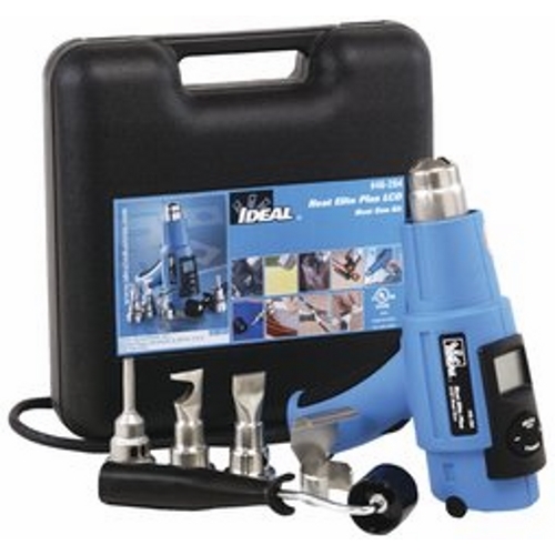 IDEAL, Heat Gun Kit, Heat Elite Plus, LCD, Heating Element: Ceramic, Temperature Rating: 80 To 650 DEG C, Includes: #46-204 Heat Gun, #46-941 Small Deflector, #46-952 Welding Adapter, #46-953 Solder Reflector Adapter, #46-955 Overlap Welding Adapter, #46-956 Pressure Roller