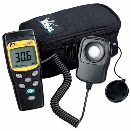 Ideal 61-686 Digital Light Meter, Accuracy: Plus/Minus 3 PCT, Battery Type: (1) 9 V NEDA 1604, IEC 6F22, JIS 006P Battery, Display: Large 3-1/2 Digit (2000 Count) LCD Display, Lighting Types: Fluorescent, Metal Halide, High-Pressure Sodium And Incandescent, Measuring Range: 20000 FC Or 200000 LUX, Tester Type: Light Meter, Auto Power Off: Yes, 59 IN Cord, Read-Out: Digital LCD With Data Hold, Included: Power Cord, CE Certified