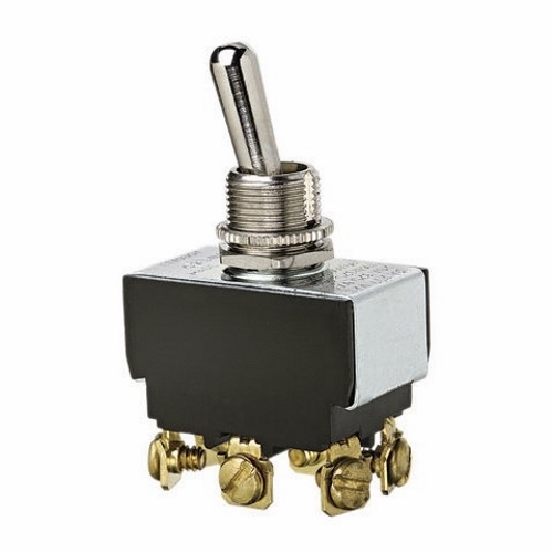 IDEAL, Toggle Switch, Heavy-Duty, On-Off-On, Voltage Rating: 125, 227 VAC, Number Of Poles: 2, Amperage Rating: 20, 10 AMP, Action: DPDT, Connection: Spade, 6 Terminals, Actuator: Toggle, Contact Rating: Factory Tested 100000 Cycles To 21 AMP 14.8 VDC DC Rating, Size: 1.300 IN Length X 0.760 IN Width X 0.800 IN Height, Mounting: 1/2 IN Hole Diameter, Operating Cycles: 100000 Cycles Mechanical Life, Operating Temperature: 32 To 185 DEG F, Dielectric Strength: 1500 V, Finish: Solid Brass/Nickel-Plated Bushings, Hp Rating: 1-1/2 HP At 125 To 250 VAC
