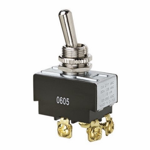 IDEAL, Toggle Switch, Heavy-Duty, On-OFF, Voltage Rating: 125, 227 VAC, Number Of Poles: 2, Amperage Rating: 20, 10 AMP, Action: DPST, Connection: Spade, 4 Terminals, Actuator: Toggle, Contact Rating: Factory Tested 100000 Cycles To 21 AMP 14.8 VDC DC Rating, Size: 1.300 IN Length X 0.760 IN Width X 0.800 IN Height, Mounting: 1/2 IN Hole Diameter, Operating Cycles: 100000 Cycles Mechanical Life, Operating Temperature: 32 To 185 DEG F, Dielectric Strength: 1500 V, Finish: Solid Brass/Nickel-Plated Bushings, Hp Rating: 1-1/2 HP At 125 To 250 VAC