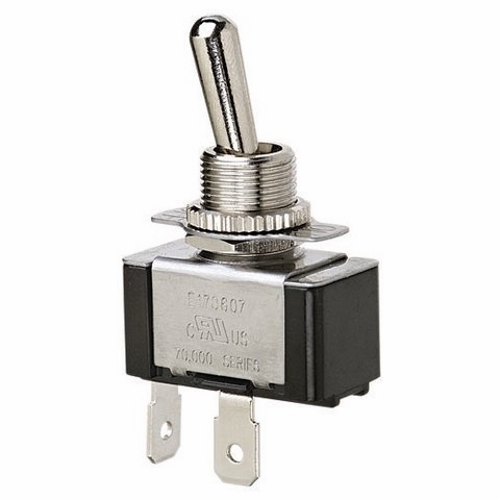 IDEAL, Toggle Switch, Standard, On-Off, Voltage Rating: 125, 227 VAC, Number Of Poles: 1, Amperage Rating: 20, 10 AMP, Action: SPST, Connection: Spade, 2 Terminals, Actuator: Toggle, Contact Rating: Factory Tested 100000 Cycles To 21 AMP 14.8 VDC DC Rating, Size: 1.130 IN Length X 0.570 IN Width X 0.610 IN Height, Mounting: 1/2 IN Hole Diameter, Operating Cycles: 100000 Cycles Mechanical Life, Operating Temperature: 32 To 185 DEG F, Dielectric Strength: 1500 V, Finish: Solid Brass/Nickel-Plated Bushings, Hp Rating: 3/4 HP At 125 To 250 VAC, Includes: On-Off Faceplate