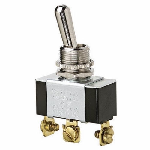 IDEAL, Toggle Switch, Standard, (On)-Off-(On), Voltage Rating: 125, 227 VAC, Number Of Poles: 1, Amperage Rating: 20, 10 AMP, Action: SPDT, Connection: Screw, 3 Terminals, Actuator: Toggle, Contact Rating: Factory Tested 100000 Cycles To 21 AMP 14.8 VDC DC Rating, Size: 1.130 IN Length X 0.570 IN Width X 0.610 IN Height, Mounting: 1/2 IN Hole Diameter, Operating Cycles: 100000 Cycles Mechanical Life, Operating Temperature: 32 To 185 DEG F, Dielectric Strength: 1500 V, Finish: Solid Brass/Nickel-Plated Bushings, Hp Rating: 3/4 HP At 125 To 250 VAC