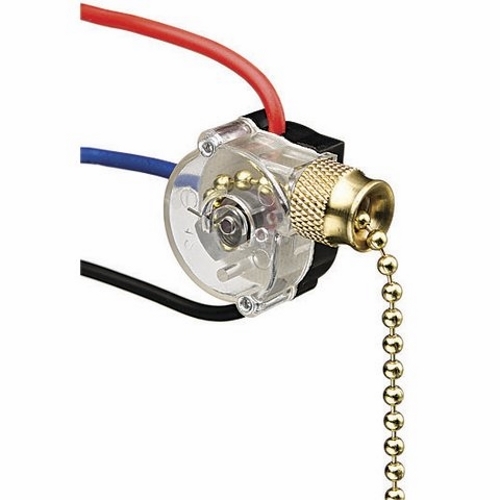 IDEAL, Switch, Pull,Off-On(A)-On(B)-On(A+B), 3-Speed, Voltage Rating: 125 VAC, 250 Vac, Amperage Rating: 6, 3 AMP, Number Of Poles: 1, Actuator: Pull Chain, Connection: Wire Leads, 4 Pos -3 Wire Circuit, Size: 0.870 L x 150 W x 0.650 H IN, Mounting: 13/32 IN Diameter Mounting Hole, Color: Brass, Wire Size: 18 AWG Wire Lead, 6 IN Stripped Wire, Action: SPTT