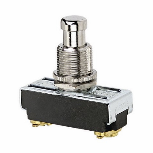 IDEAL, Push Button Switch, Momentary Contact,(On)-Off, Voltage Rating: 125, 250 VAC, Action: SPST, Amperage Rating: 15, 10 AMP, Number Of Poles: 1, Contact Configuration: NO, Connection: Screw, 2 Terminals, Wire Leads Are 18 AWG, 6 IN Stripped Wire, Actuator: Nickel Plated, Size: 1.380 IN Length X 0.580 IN Width X 0.600 IN Height, Mounting: 1/2 IN Hole Diameter, Contact: Momentary