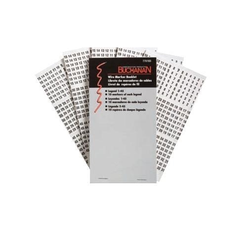 Buchanan, Wire Marker Booklet, Size: 1/4 X 1-1/2 IN Marker, Legend: A-Z, 0-15, +, -, /, Markers Per Page: 10, Number Of Pages: 10/Booklet, Legend Color: Non-Smear Black, Includes: 450 Wire Markers And 450 Terminal Markers