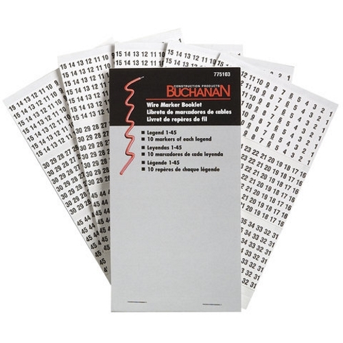 Buchanan, Wire Marker Booklet, Size: 1/4 X 1-1/2 IN Marker, Legend: 1-45, Markers Per Page: 10, Number Of Pages: 10/Booklet, Legend Color: Non-Smear Black, Includes: 450 Wire Markers And 450 Terminal Markers