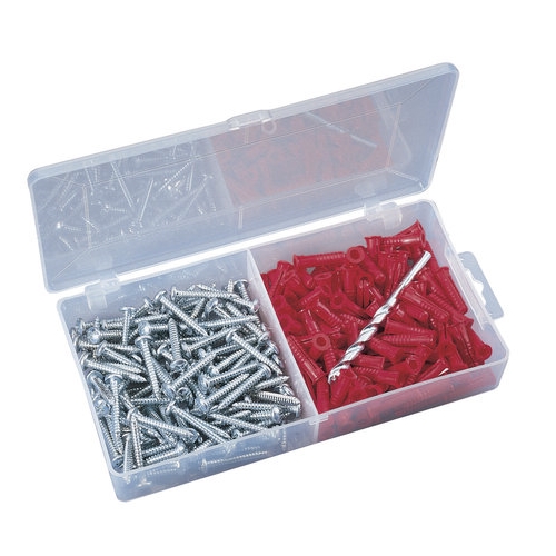 Flange Anchor Kit, 201 Pieces, Plastic, Consist Of 1: (100) 6-8-10 IN X 7/8 IN Anchors, Consist Of 2: (100) 8 X 1 IN Combo-Head Sheet-Metal Screws, Consist Of 3: (1) 3/16 IN Masonry Bit, Slotted/Phillips Screws