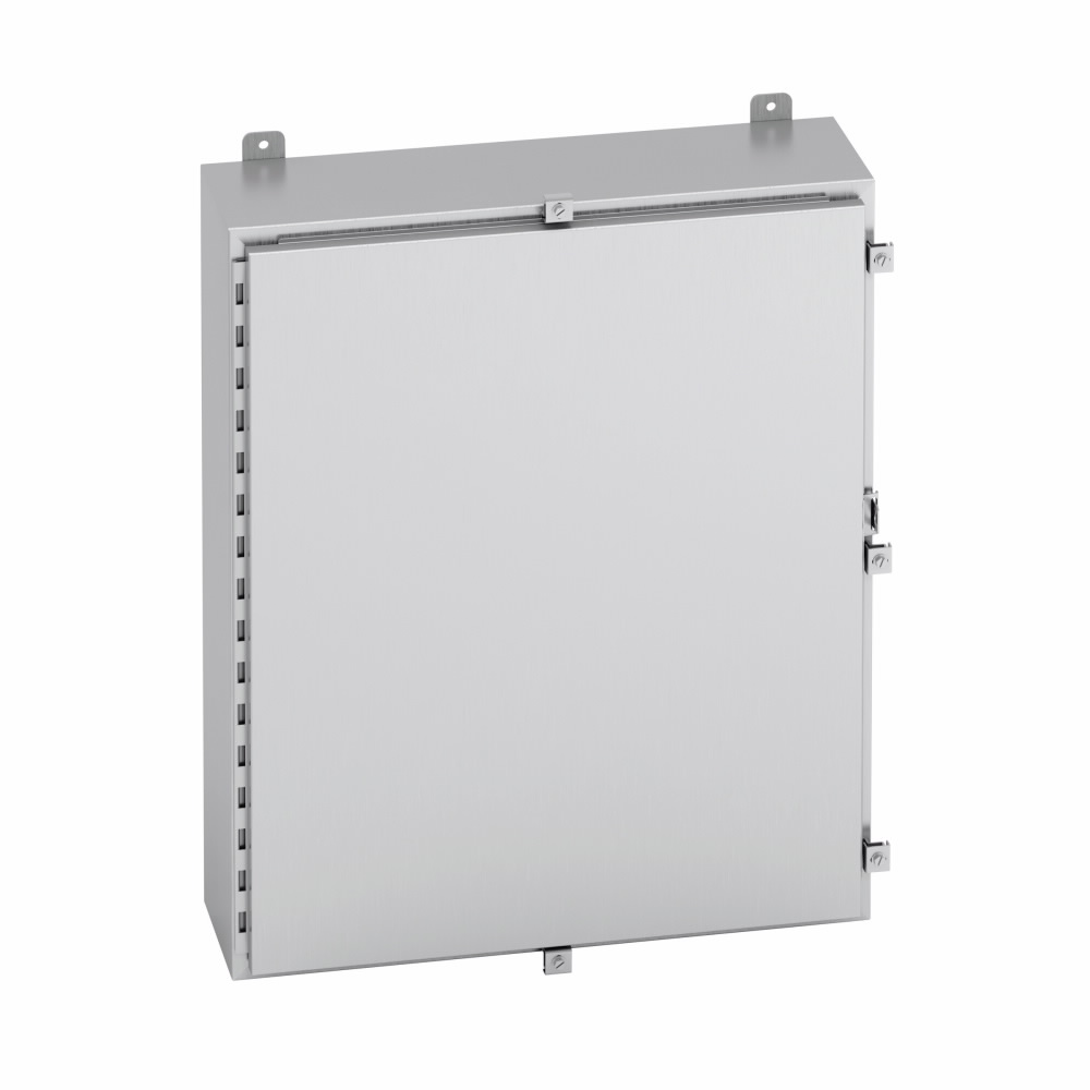 Product image for B-Line 24248-4XA Wall Mounted Panel Enclosure, 24" x 24" x 8" NEMA 4X, Hinged cover, 4XA enclosure, Wall mount, Medium single door, External mounting feet, Aluminum, Seamless poured