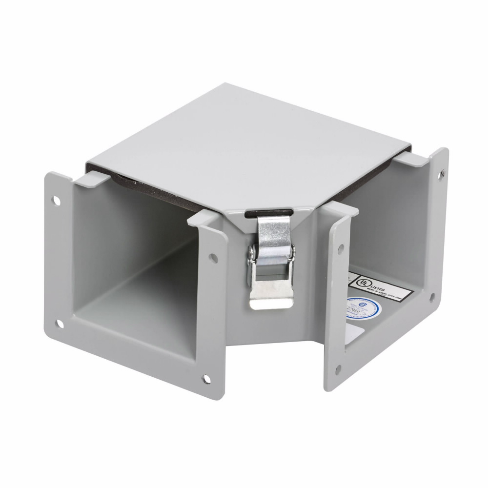 Product image for B-Line 88-12LE9A Wireway Elbow Fitting, Includes (1) sealing plate kit, Lay-in, 90? elbow, top opening, NEMA 12, Steel, ANSI 61 gray painted, 8" X 8"