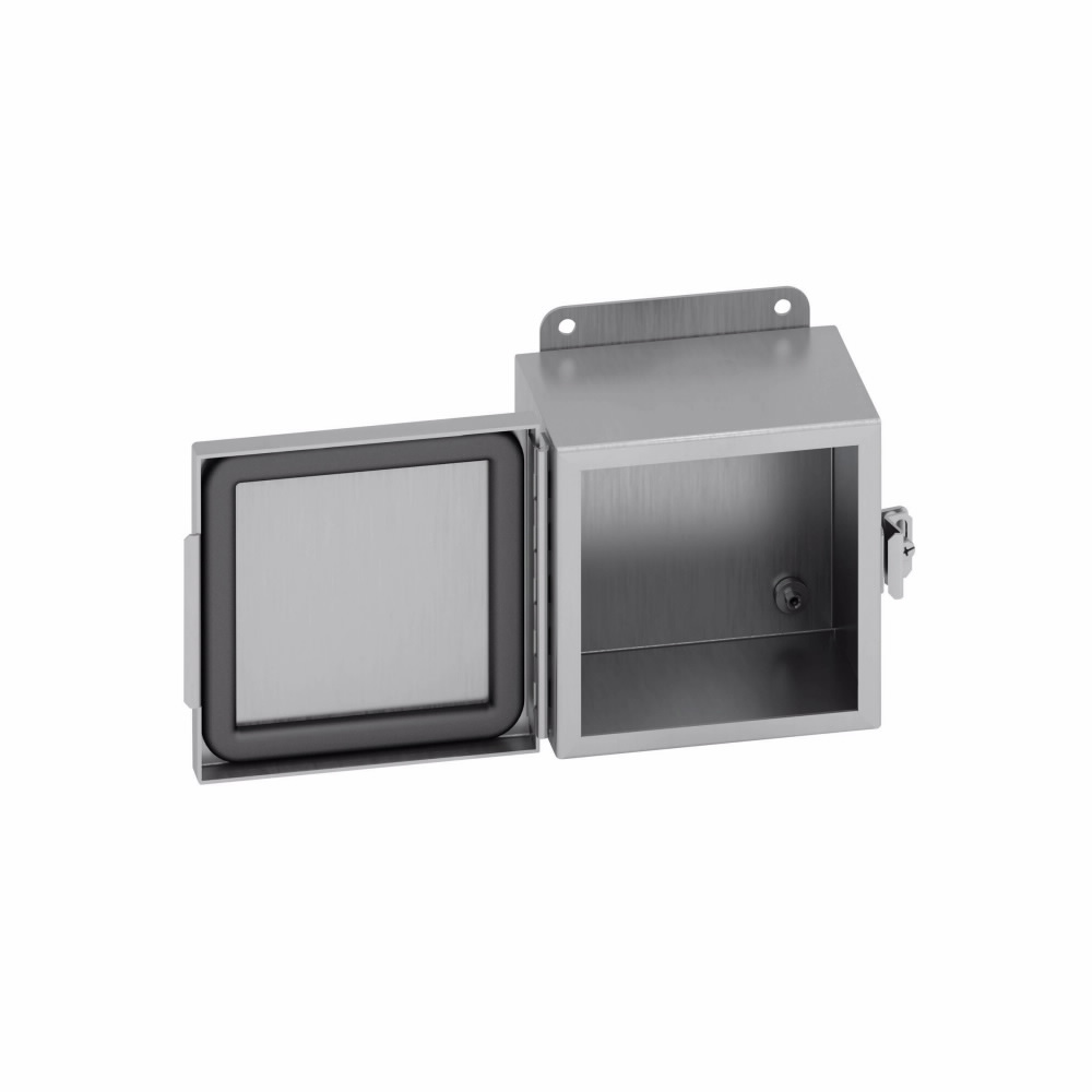 Product image for B-Line 664-4XACHC JIC Panel Enclosure, 6" x 6" x 4" NEMA 4X, Hinged cover, 4XACHC enclosure, Wall mount, Small single door, External mounting feet, Aluminum, Seamless poured in-plac