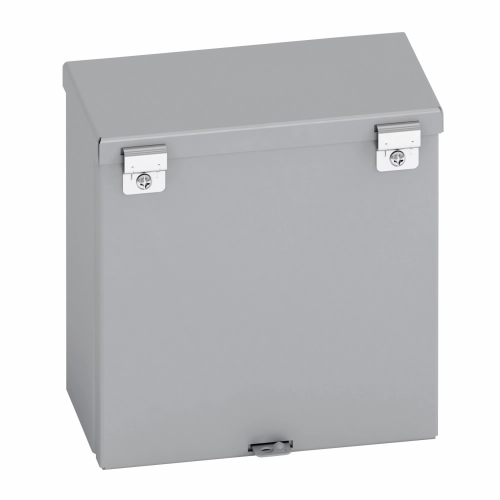 Product image for B-Line 12124-RTHC Type 3/3R Junction Box, 12" x 12" x 4" NEMA 3R, Hinged cover, RTHC enclosure, Surface mounted, Small single door, 5 knockouts, Embossed thru holes, Carbon steel