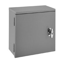Product image for B-Line 664-RTC Utility Enclosure, 6" x 6" x 4" NEMA 3R, Hinged cover, RTC cabinet, Surface mounted, Small single door, 3 bottom knockouts, Embossed thru holes, Carbon steel