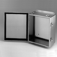 Product image for B-Line 644-4XSS6CHC JIC Panel Enclosure, 6" x 4" x 4" NEMA 4X, Hinged cover, 4XSS6CHC enclosure, Wall mount, Small single door, External mounting feet, 316 stainless steel, Seamless