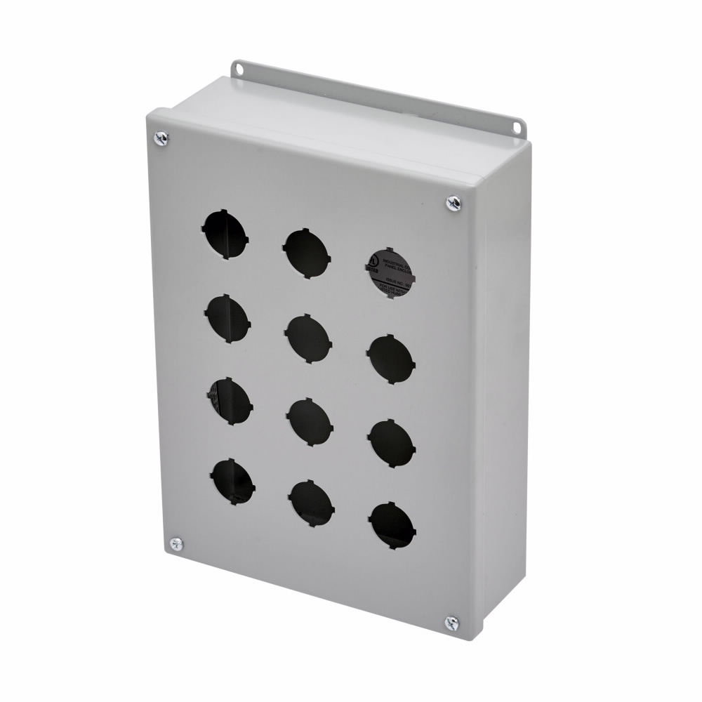 Product image for B-Line PB12 Push Button Enclosure, 11.75" x 8.5" x 3" NEMA 12, Hinged cover, PB enclosure, Surface mounted, Small single door, External mounting feet, Carbon steel, Oil-resistant ga