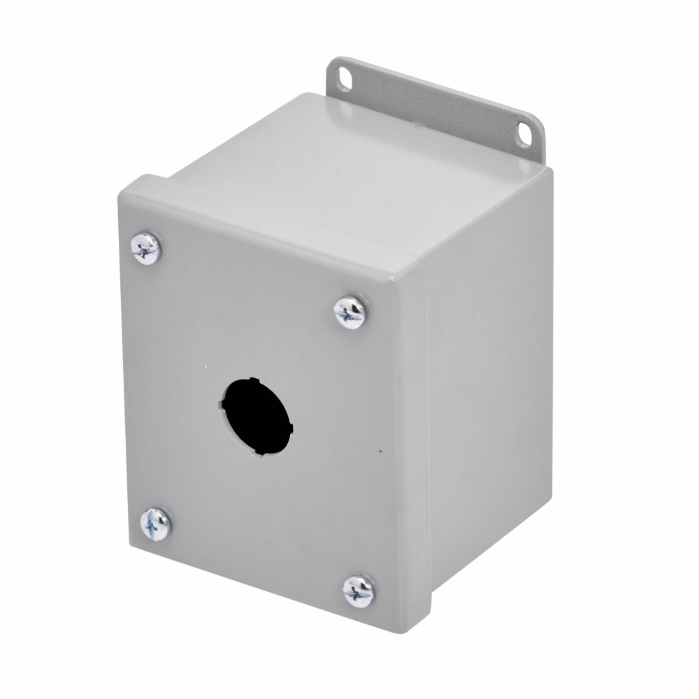Product image for B-Line PB1M Push Button Enclosure, 4" x 3.25" x 3" NEMA 12, Screw cover, PBM enclosure, Surface mounted, Small single door, External mounting feet, Carbon steel, Oil-resistant gaske