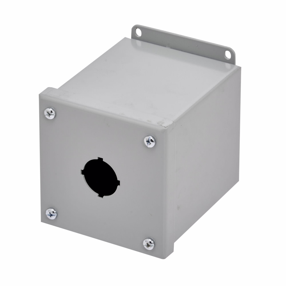 Product image for B-Line PVX1 Push Button Enclosure, 4" x 4" x 4.75" NEMA 12, Screw cover, PVX enclosure, Surface mounted, Medium single door, External mounting feet, Carbon steel, Oil-resistant gask