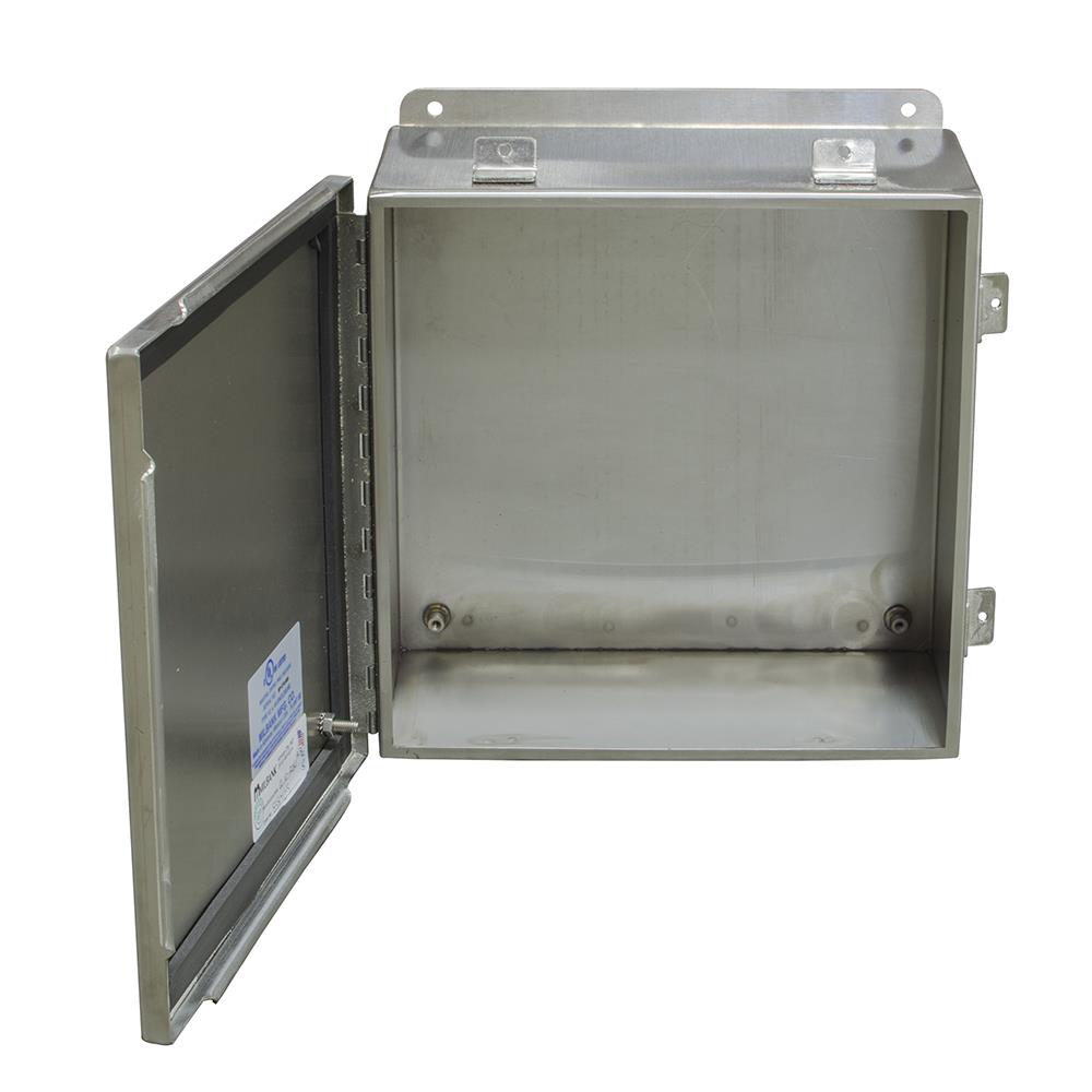 12X8X14 Hinge Cover Type 4X UL Listed 304 Stainless Steel No Knockouts No Paint Continuous Hinge Clamps and Screws Gasekt in Door Mounting Feet Back Panel Weld Studs