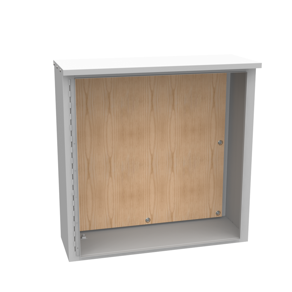 36X12X36 Hinge Cover Type 3R UL Listed Steel No Knockouts  ANSI 61 Gray Padlocking Wing Handle Unistruts Installed Wood Back Board Installed Drip Shield