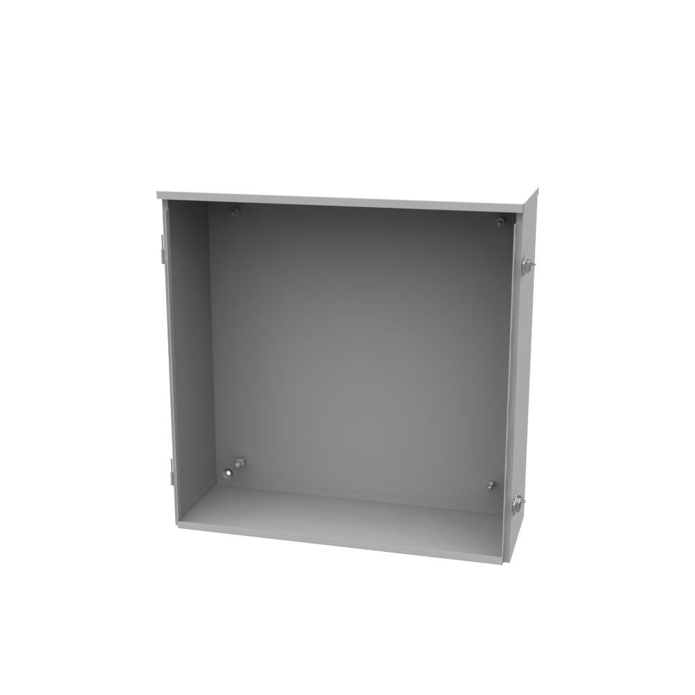 24x8x24 Hinge Cover Type 3R UL Listed Steel No Knockouts ANSI 61 Gray Back Panel Weld Studs Drip Shield Emboss Mounting Holes in Back Padlocking Draw Latch