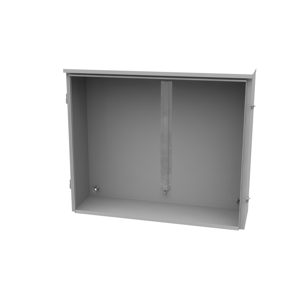 30x10x36 Hinge Cover Type 3R UL Listed Steel No Knockouts ANSI 61 Gray Back Panel Weld Studs Drip Shield Emboss Mounting Holes in Back Padlocking Draw Latch