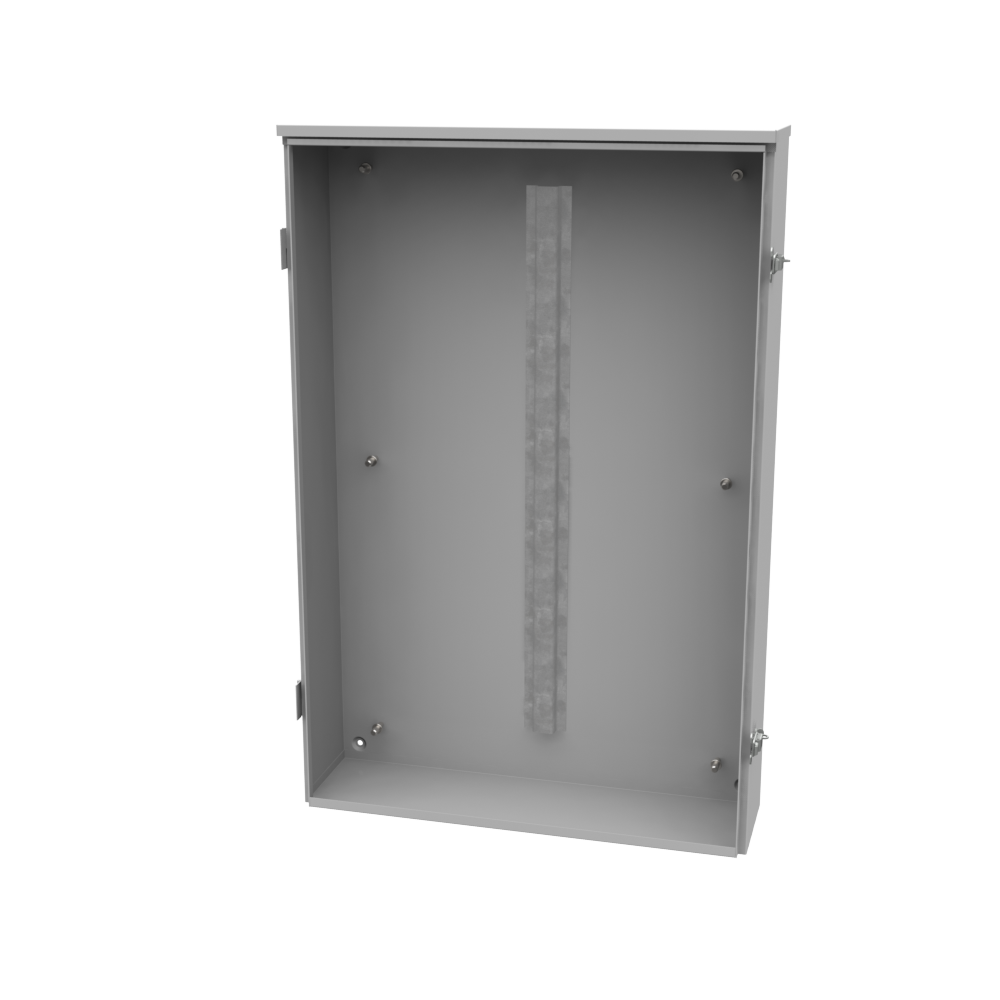 36x6x24 Hinge Cover Type 3R UL Listed Steel Knockouts ANSI 61 Gray Back Panel Weld Studs Drip Shield Emboss Mounting Holes in Back Padlocking Draw Latch