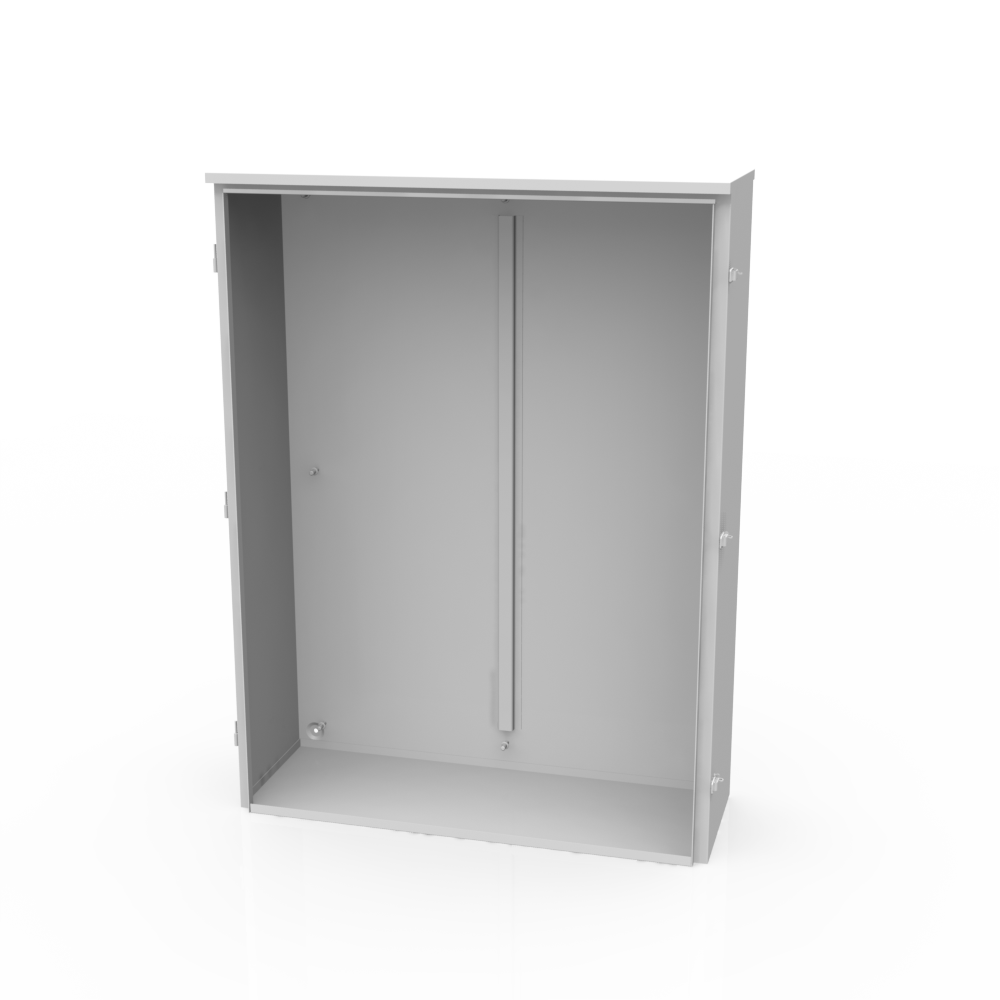 48x12x36 Hinge Cover Type 3R UL Listed Steel No Knockouts ANSI 61 Gray Back Panel Weld Studs Drip Shield Emboss Mounting Holes in Back Padlocking Draw Latch Quad D Knockout for Lock