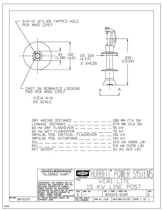 Product image for Hubbell Power 80S0150109 15 kV Silicone Rubber Horizontal Clamptop Line Post Insulator