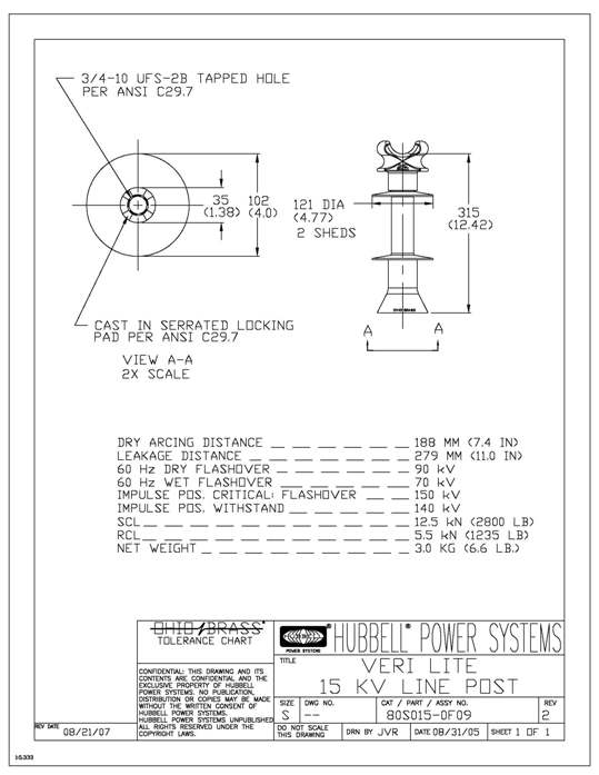 Hubbell Power 80S0150F09 15 kV Silicone Rubber FNeck Line Post