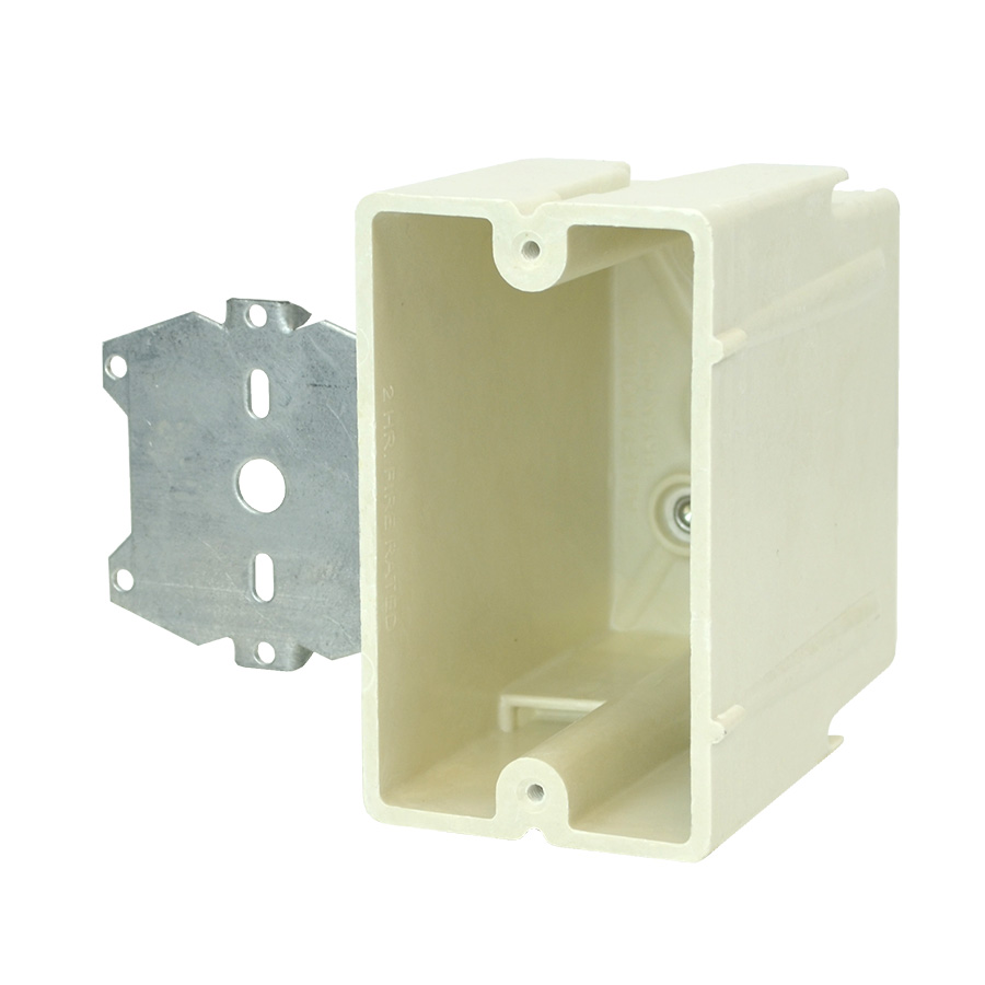 Product image for Allied Moulded Products 1099-Z4 3-9/16 x 2-1/4 x 3-3/4 Inch 22.5 In. 1-Gang Fiberglass Offset Switch/Receptacle Outlet Box
