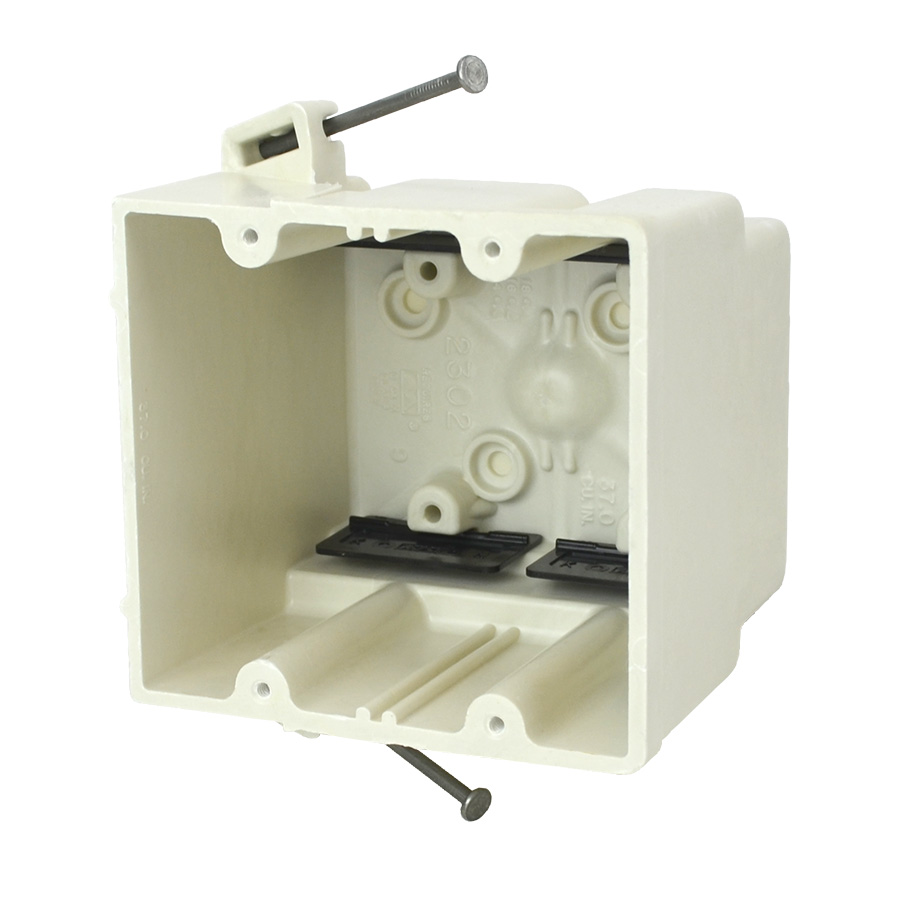 Product image for Allied Moulded Products 2302-NK 3-7/16 x 4 x 3-3/4 Inch 37 In. 2-Gang Angled Mid-Nail Switch/Receptacle Outlet Box