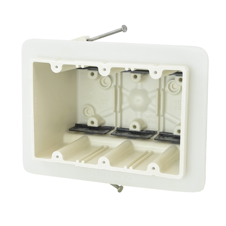 Product image for Allied Moulded Products 3303-NKV 3-9/16 x 5-11/16 x 3-3/4 Inch 56.5 In. 3-Gang Angled Mid-Nail Switch/Receptacle Outlet Box